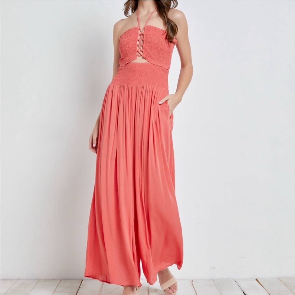 Nanamacs Mustard Seed Coral Halter Jumpsuit (Wide Leg)